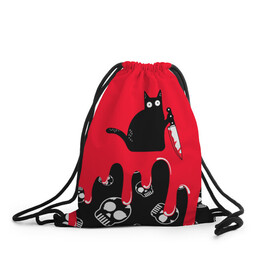 Рюкзак-мешок 3D с принтом WHAT CAT в Новосибирске, 100% полиэстер | плотность ткани — 200 г/м2, размер — 35 х 45 см; лямки — толстые шнурки, застежка на шнуровке, без карманов и подкладки | art | black | black cat | cat | dark | dark cat | halloween | what | what cat | what mem | арт | кот | кот арт | кот мем | мем | нож | праздник | прикол | прикольный кот | убица | хэллоуин | чёрный | чёрный кот | что | что мем