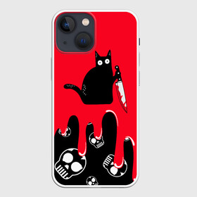 Чехол для iPhone 13 mini с принтом WHAT CAT в Новосибирске,  |  | art | black | black cat | cat | dark | dark cat | halloween | what | what cat | what mem | арт | кот | кот арт | кот мем | мем | нож | праздник | прикол | прикольный кот | убица | хэллоуин | чёрный | чёрный кот | что | что мем