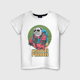 Детская футболка хлопок с принтом Кибер Панда в Новосибирске, 100% хлопок | круглый вырез горловины, полуприлегающий силуэт, длина до линии бедер | art | bear | costume | cyber | drawing | jetpack | panda | planet | арт | кибер | костюм | медведь | панда | планета | реактивный ранец | рисунок