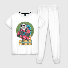 Женская пижама хлопок с принтом Кибер Панда в Новосибирске, 100% хлопок | брюки и футболка прямого кроя, без карманов, на брюках мягкая резинка на поясе и по низу штанин | art | bear | costume | cyber | drawing | jetpack | panda | planet | арт | кибер | костюм | медведь | панда | планета | реактивный ранец | рисунок