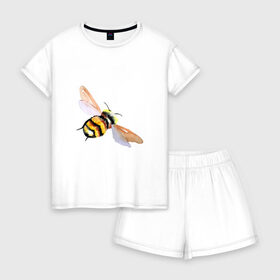 Женская пижама с шортиками хлопок с принтом Шмель полосатый в Новосибирске, 100% хлопок | футболка прямого кроя, шорты свободные с широкой мягкой резинкой | акварель | желтый | крылья | летать | насекомое | полоски | природа | черный | шмель