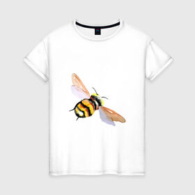 Женская футболка хлопок с принтом Шмель полосатый в Новосибирске, 100% хлопок | прямой крой, круглый вырез горловины, длина до линии бедер, слегка спущенное плечо | акварель | желтый | крылья | летать | насекомое | полоски | природа | черный | шмель