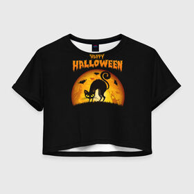 Женская футболка Crop-top 3D с принтом Helloween в Новосибирске, 100% полиэстер | круглая горловина, длина футболки до линии талии, рукава с отворотами | halloween | ведьма | летучая мышь | полнолуние | привидение | призрак | тыква | хеллоуин | хелуин | хэллоин | хэллоуин | хэлоуин | хэлуин | черный кот