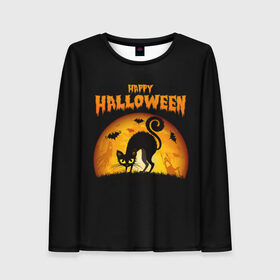 Женский лонгслив 3D с принтом Helloween в Новосибирске, 100% полиэстер | длинные рукава, круглый вырез горловины, полуприлегающий силуэт | halloween | ведьма | летучая мышь | полнолуние | привидение | призрак | тыква | хеллоуин | хелуин | хэллоин | хэллоуин | хэлоуин | хэлуин | черный кот