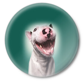 Значок с принтом Bully в Новосибирске,  металл | круглая форма, металлическая застежка в виде булавки | bull terrier | ears | eyes | fangs | jaw | muzzle | nose | smile | бультерьер | глаза | клыки | нос | пасть | улыбка | уши