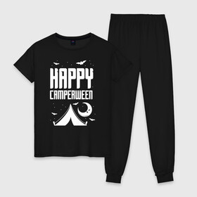 Женская пижама хлопок с принтом Happy camperween в Новосибирске, 100% хлопок | брюки и футболка прямого кроя, без карманов, на брюках мягкая резинка на поясе и по низу штанин | 31 октября | halloween | halowen | ведьма | день всех святых | джек | костюм | кровь | лого | монстр | надпись | праздник | приведение | призрак | светильник | символ | страшная | тыква | ужасы | хеллоуин | хеллуин