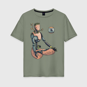 Женская футболка хлопок Oversize с принтом Robot Saa в Новосибирске, 100% хлопок | свободный крой, круглый ворот, спущенный рукав, длина до линии бедер
 | альтернативное будущее | арт | иллюстрация | киберпанк | медитация | постапокалипсис | робот