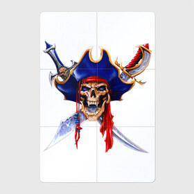 Магнитный плакат 2Х3 с принтом Грозный пират в Новосибирске, Полимерный материал с магнитным слоем | 6 деталей размером 9*9 см | арт | вектор | жёлтый | золотой | зубы | клыки | красный | пират | повязка | рисунок | синий | холодное оружие | череп | шпага | шпаги