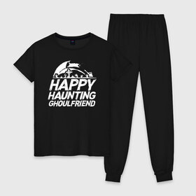 Женская пижама хлопок с принтом Happy Haunting Ghoulfriend в Новосибирске, 100% хлопок | брюки и футболка прямого кроя, без карманов, на брюках мягкая резинка на поясе и по низу штанин | Тематика изображения на принте: 31 октября | halloween | halowen | ведьма | день всех святых | джек | костюм | кровь | лого | монстр | надпись | праздник | приведение | призрак | светильник | символ | страшная | тыква | ужасы | хеллоуин | хеллуин