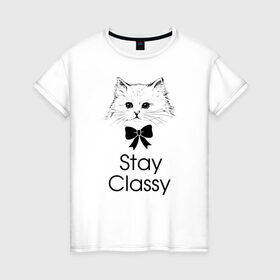 Женская футболка хлопок с принтом Классика в Новосибирске, 100% хлопок | прямой крой, круглый вырез горловины, длина до линии бедер, слегка спущенное плечо | бантик | белый | классика | кот | кошка | красота | милый | цитата | чёрный