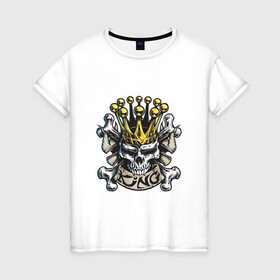 Женская футболка хлопок с принтом Король в Новосибирске, 100% хлопок | прямой крой, круглый вырез горловины, длина до линии бедер, слегка спущенное плечо | арт | белый | вектор | жёлтый | золотой | зубы | король | корона | кости | пират | рисунок | череп | чёрный