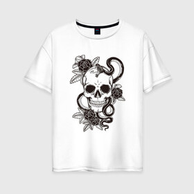 Женская футболка хлопок Oversize с принтом Змеиная роза в Новосибирске, 100% хлопок | свободный крой, круглый ворот, спущенный рукав, длина до линии бедер
 | арт | белый | вектор | змеи | змея | зубы | рисунок | роза | розы | тату | цветок | цветы | череп | чёрный