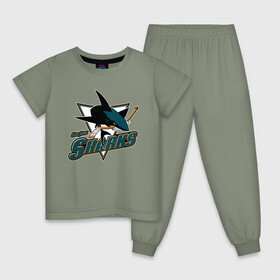 Детская пижама хлопок с принтом Сан-Хосе Шаркс в Новосибирске, 100% хлопок |  брюки и футболка прямого кроя, без карманов, на брюках мягкая резинка на поясе и по низу штанин
 | Тематика изображения на принте: hockey | nhl | san jose | san jose sharks | sharks | usa | нхл | сан хосе | сан хосе шаркс | спорт | сша | хоккей | шайба | шаркс