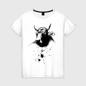 Женская футболка хлопок с принтом Бык в Новосибирске, 100% хлопок | прямой крой, круглый вырез горловины, длина до линии бедер, слегка спущенное плечо | 2021 | бык | год быка | год коровы | новый год | символ года