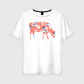 Женская футболка хлопок Oversize с принтом корова с цветами в Новосибирске, 100% хлопок | свободный крой, круглый ворот, спущенный рукав, длина до линии бедер
 | 2021 | бык | год быка | год коровы | корова | новый год | символ года
