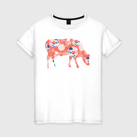 Женская футболка хлопок с принтом корова с цветами в Новосибирске, 100% хлопок | прямой крой, круглый вырез горловины, длина до линии бедер, слегка спущенное плечо | 2021 | бык | год быка | год коровы | корова | новый год | символ года