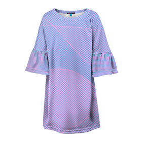 Детское платье 3D с принтом Lines98 в Новосибирске, 100% полиэстер | прямой силуэт, чуть расширенный к низу. Круглая горловина, на рукавах — воланы | blue | good | lines | pink | positive | vibes | квадраты | красиво | линии | розовый | текстура | узор | шары