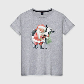 Женская футболка хлопок с принтом дед мороз с коровкой в Новосибирске, 100% хлопок | прямой крой, круглый вырез горловины, длина до линии бедер, слегка спущенное плечо | Тематика изображения на принте: 2021 | бык | год быка | год коровы | новый год | символ года