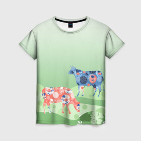 Женская футболка 3D с принтом коровы в Новосибирске, 100% полиэфир ( синтетическое хлопкоподобное полотно) | прямой крой, круглый вырез горловины, длина до линии бедер | 2021 | бык | год быка | год коровы | новый год | символ года