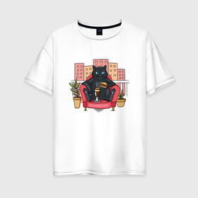 Женская футболка хлопок Oversize с принтом Кот на балконе в Новосибирске, 100% хлопок | свободный крой, круглый ворот, спущенный рукав, длина до линии бедер
 | balcony | black | burger | cat | chillin | chilling | chonk | chubby | fat | kitten | kitty | pussy | pussycat | бегемот | бургер | киса | киска | коктейль | король | котенок | котяра | кошка | наглый | отдыхает | толстый | царь | черный | чи