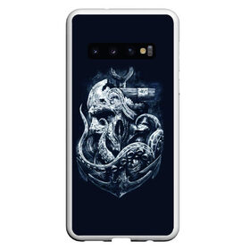 Чехол для Samsung Galaxy S10 с принтом Кракен в Новосибирске, Силикон | Область печати: задняя сторона чехла, без боковых панелей | Тематика изображения на принте: брутальная | веселый роджер | вода | корсар | кость | кракен | мертвец | море | мрачная | океан | осьминог | пират | темная | ужас | утопленник | череп | щупальца | якорь