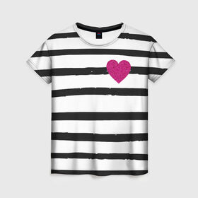 Женская футболка 3D с принтом Сердце с полосками в Новосибирске, 100% полиэфир ( синтетическое хлопкоподобное полотно) | прямой крой, круглый вырез горловины, длина до линии бедер | любовь | милый | модный | полоски | розовый | семья | сердце | чёрный
