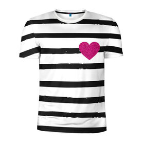Мужская футболка 3D спортивная с принтом Сердце с полосками в Новосибирске, 100% полиэстер с улучшенными характеристиками | приталенный силуэт, круглая горловина, широкие плечи, сужается к линии бедра | Тематика изображения на принте: любовь | милый | модный | полоски | розовый | семья | сердце | чёрный