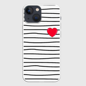 Чехол для iPhone 13 mini с принтом Полоски с сердцем в Новосибирске,  |  | любовь | милый | модный | полоски | розовый | семья | сердце | чёрный