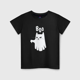 Детская футболка хлопок с принтом Кот Призрак в Новосибирске, 100% хлопок | круглый вырез горловины, полуприлегающий силуэт, длина до линии бедер | angry | art | boo | cat | ghost | grumpy | halloween | horror | kitten | kitty | pollice | pussy | pussycat | verso | арт | бу | версо | доброе | добрый | злой | иллюстрация | котенок | кошка | недовольный | палец вниз | приведение | пугае