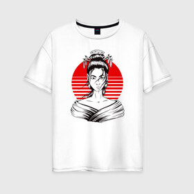 Женская футболка хлопок Oversize с принтом Гейша в Новосибирске, 100% хлопок | свободный крой, круглый ворот, спущенный рукав, длина до линии бедер
 | anime | art | beauty | geisha | japan | japanese | manga | trend | woman | аниме | арт | восходящее | дневник | дневники | женщина | иллюстрация | искусство | красное | красота | манга | мода | портрет | символ | солнце | страна