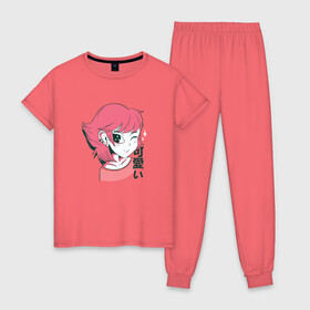 Женская пижама хлопок с принтом Kawaii Anime Girl в Новосибирске, 100% хлопок | брюки и футболка прямого кроя, без карманов, на брюках мягкая резинка на поясе и по низу штанин | cute | fashion | japan | japanese | kanji | manga | pink | style | waifu | вайфу | девочка | девушка | иероглифы | кавай | кавайи | кавайная | кандзи | катакана | манга | милая | подмигивает | розовая | розовые | стиль | тренд | тренды
