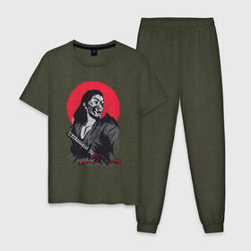 Мужская пижама хлопок с принтом Японский Воин Самурай в Новосибирске, 100% хлопок | брюки и футболка прямого кроя, без карманов, на брюках мягкая резинка на поясе и по низу штанин
 | art | blade | blood | illustration | japan | japanese | katana | mask | moon | ronin | samurai | sekiro | shogun | sword | tsushima | warrior | арт | в маске | иллюстрация | катана | кровавая | луна | мерч | меч | отступник | ронин | сегун |
