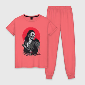 Женская пижама хлопок с принтом Японский Воин Самурай в Новосибирске, 100% хлопок | брюки и футболка прямого кроя, без карманов, на брюках мягкая резинка на поясе и по низу штанин | art | blade | blood | illustration | japan | japanese | katana | mask | moon | ronin | samurai | sekiro | shogun | sword | tsushima | warrior | арт | в маске | иллюстрация | катана | кровавая | луна | мерч | меч | отступник | ронин | сегун |