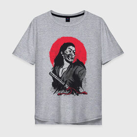 Мужская футболка хлопок Oversize с принтом Японский Воин Самурай в Новосибирске, 100% хлопок | свободный крой, круглый ворот, “спинка” длиннее передней части | art | blade | blood | illustration | japan | japanese | katana | mask | moon | ronin | samurai | sekiro | shogun | sword | tsushima | warrior | арт | в маске | иллюстрация | катана | кровавая | луна | мерч | меч | отступник | ронин | сегун |