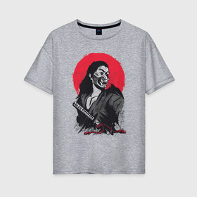 Женская футболка хлопок Oversize с принтом Японский Воин Самурай в Новосибирске, 100% хлопок | свободный крой, круглый ворот, спущенный рукав, длина до линии бедер
 | art | blade | blood | illustration | japan | japanese | katana | mask | moon | ronin | samurai | sekiro | shogun | sword | tsushima | warrior | арт | в маске | иллюстрация | катана | кровавая | луна | мерч | меч | отступник | ронин | сегун |