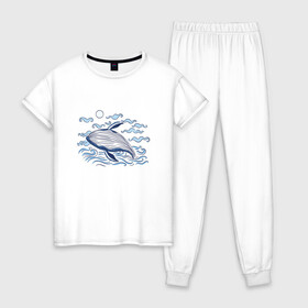 Женская пижама хлопок с принтом Синий Кит в Новосибирске, 100% хлопок | брюки и футболка прямого кроя, без карманов, на брюках мягкая резинка на поясе и по низу штанин | big | blue | dik | great | moby | ocean | sea | sun | wave | waves | whale | великий | волна | волны | день моря | день океана | дик | китобой | киты | левиафан | люблю китов | млекопитающее | моби | моби дик | море | морское чудовище 