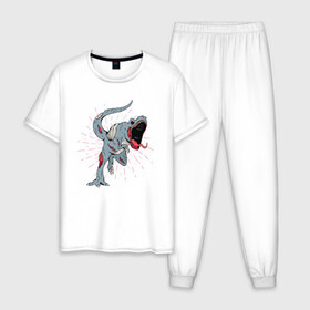 Мужская пижама хлопок с принтом Zombie T-Rex в Новосибирске, 100% хлопок | брюки и футболка прямого кроя, без карманов, на брюках мягкая резинка на поясе и по низу штанин
 | Тематика изображения на принте: danger | dead | fear | halloween | horror | hunter | monster | predator | бежит | зомбак | зомби | мертвый | монстр | охотник | палеонтолог | палеонтология | ти рекс | тираннозавр | тиранозавр | труп | ужас | хищник | хоррор | чудо