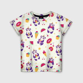 Детская футболка 3D с принтом Панды Единороги в Новосибирске, 100% гипоаллергенный полиэфир | прямой крой, круглый вырез горловины, длина до линии бедер, чуть спущенное плечо, ткань немного тянется | cherry | donut | food | funny | ice cream | panda | pandas | pop corn | rainbow | watermelon | арбуз | вишня | еда | единорог | единороги | звездочки | звезды | мороженое | панда | пандочка | пандочки | пончик | пончики | попкорн | радуга | с