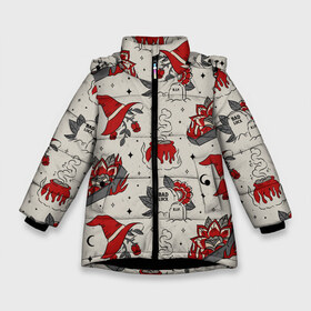Зимняя куртка для девочек 3D с принтом Ретро Хэллоуин в Новосибирске, ткань верха — 100% полиэстер; подклад — 100% полиэстер, утеплитель — 100% полиэстер. | длина ниже бедра, удлиненная спинка, воротник стойка и отстегивающийся капюшон. Есть боковые карманы с листочкой на кнопках, утяжки по низу изделия и внутренний карман на молнии. 

Предусмотрены светоотражающий принт на спинке, радужный светоотражающий элемент на пуллере молнии и на резинке для утяжки. | coffin | cosplay | death | graves | graveyard | grim | reaper | retro | scythe | star | stars | vintage | witch | ведьма | гроб | звезды | кладбище | косплей | котел | могила | могилы | могильные цветы | полумесяц | розы | хеллоуи