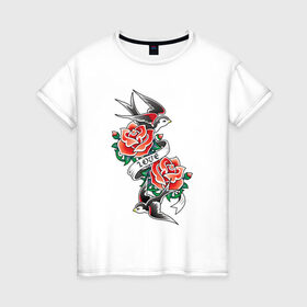 Женская футболка хлопок с принтом Птичье тату в Новосибирске, 100% хлопок | прямой крой, круглый вырез горловины, длина до линии бедер, слегка спущенное плечо | love | арт | красная роза | красные розы | ласточка | ласточки | любовь | птица | птицы | рисунок | роза | розы | тату