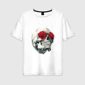 Женская футболка хлопок Oversize с принтом Череп с розами в Новосибирске, 100% хлопок | свободный крой, круглый ворот, спущенный рукав, длина до линии бедер
 | арт | белый | вектор | зубы | карандаш | красная роза | красные розы | рисунок | рисунок карандаш | роза | розы | череп | чёрный