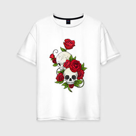 Женская футболка хлопок Oversize с принтом Розы в Новосибирске, 100% хлопок | свободный крой, круглый ворот, спущенный рукав, длина до линии бедер
 | алая роза | алые розы | алый | арт | белый | вектор | готика | зубы | красная роза | красные розы | красный | рисунок | роза | розы | череп | чёрный