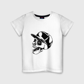 Детская футболка хлопок с принтом Череп в кепке в Новосибирске, 100% хлопок | круглый вырез горловины, полуприлегающий силуэт, длина до линии бедер | арт | белый | в кепке | вектор | кепка | рисунок | скелет | череп | чёрный