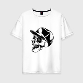 Женская футболка хлопок Oversize с принтом Череп в кепке в Новосибирске, 100% хлопок | свободный крой, круглый ворот, спущенный рукав, длина до линии бедер
 | арт | белый | в кепке | вектор | кепка | рисунок | скелет | череп | чёрный