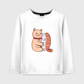 Детский лонгслив хлопок с принтом Котик обнимается с суши в Новосибирске, 100% хлопок | круглый вырез горловины, полуприлегающий силуэт, длина до линии бедер | Тематика изображения на принте: cat | cats | cute | hug | hugs | kawaii | kitten | kitty | neko | nigiri | pussy | pussycat | sushi | арт | кавайи | кавайный | киса | киска | кот | котенок | котики | котята | кошка | кошки | милота | милые | милый | неко | нигири | обнимашк