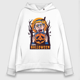 Женское худи Oversize хлопок с принтом I hate halloween в Новосибирске, френч-терри — 70% хлопок, 30% полиэстер. Мягкий теплый начес внутри —100% хлопок | боковые карманы, эластичные манжеты и нижняя кромка, капюшон на магнитной кнопке | bat | bats | clerc | human | killer | pumpkin | vampire | zombie | вампир | вурдалак | зомби | интроверт | кладбище | клерк | летучие мыши | мерч | не наш праздник | ненавижу | ненависть | тыква | тыквенная голова | убил | хеллоуи