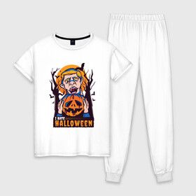 Женская пижама хлопок с принтом I hate halloween в Новосибирске, 100% хлопок | брюки и футболка прямого кроя, без карманов, на брюках мягкая резинка на поясе и по низу штанин | bat | bats | clerc | human | killer | pumpkin | vampire | zombie | вампир | вурдалак | зомби | интроверт | кладбище | клерк | летучие мыши | мерч | не наш праздник | ненавижу | ненависть | тыква | тыквенная голова | убил | хеллоуи