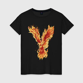 Женская футболка хлопок с принтом Птица Феникс в Новосибирске, 100% хлопок | прямой крой, круглый вырез горловины, длина до линии бедер, слегка спущенное плечо | arabia | bird | eagle | egypt | eternal | fire | flame | flames | myph | phoenix | sun | аравия | восстал | горит | горящая | египет | из огня | из пепла | каббала | миф | мифология | огненный | орел | пламенный | пламя | птичка 