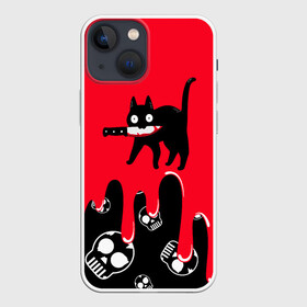 Чехол для iPhone 13 mini с принтом WHAT CAT в Новосибирске,  |  | art | black | black cat | cat | dark | dark cat | halloween | what | what cat | what mem | арт | кот | кот арт | кот мем | мем | нож | праздник | прикол | прикольный кот | убица | хэллоуин | чёрный | чёрный кот | что | что мем