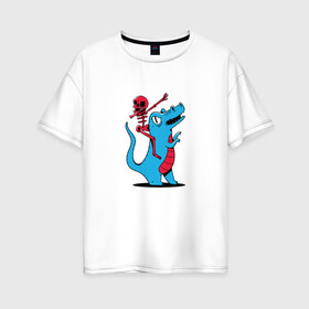 Женская футболка хлопок Oversize с принтом Скелет верхом на динозавре в Новосибирске, 100% хлопок | свободный крой, круглый ворот, спущенный рукав, длина до линии бедер
 | art | blue | dab | dabbing | dino | dinosaur | halloween | red | skelet | skeleton | t rex | арт | даб | дэб | дэббинг | красный | на стиле | праздник | прикол | синий | стиль | танец | танцует | тираннозавр | тиранозавр | тирекс | тренд |